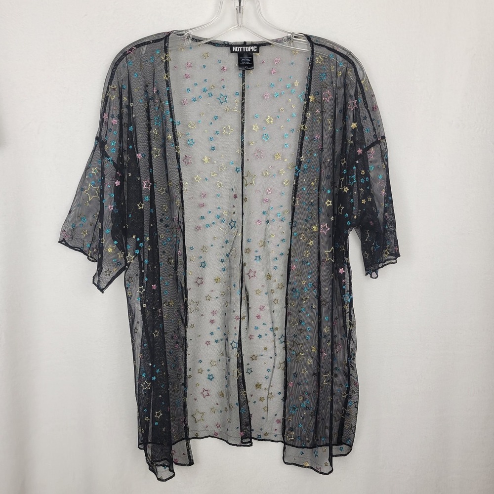 Hot Topic Black Glitter Star Sheer Kimono XS Open Front Celestial Whimsigoth - Picture 3 of 10